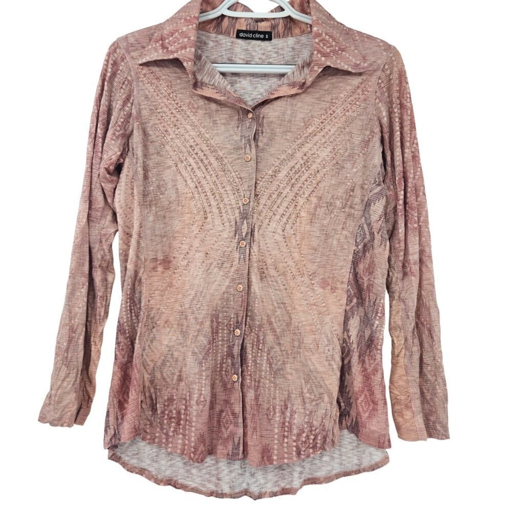 David Cline Aztec Print Embellished Snap Front Top Blouse Women’s Size S Preppy